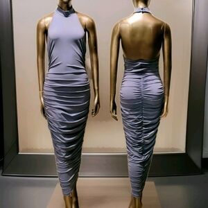 NWT Dusty Blue Backless High Neck Ruched Halter Bodycon Dress Sz M